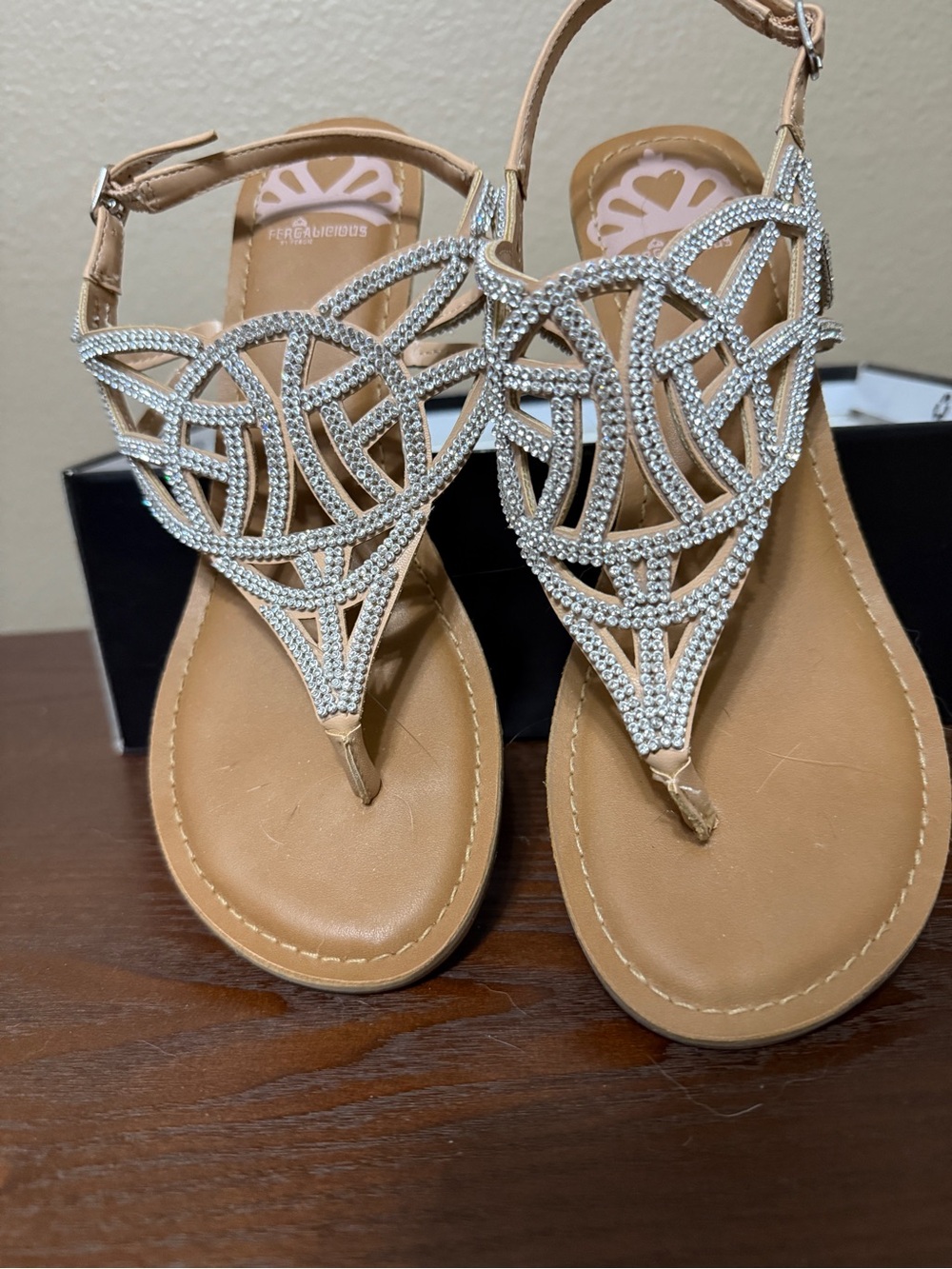 Fergalicious Tan Sandals with Silver Rhinestone T-Strap